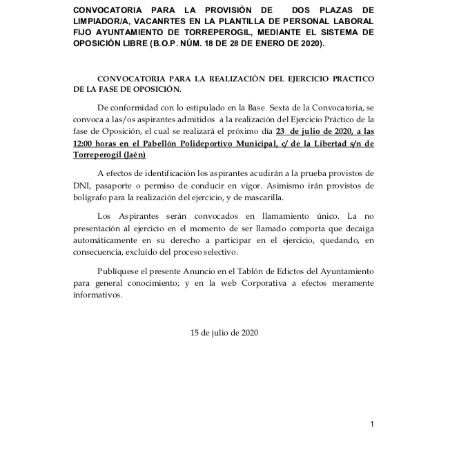 CONVOCATORIA PARA LA PROVISIÓN DE DOS PLAZAS DE LIMPIADOR/A, VACANRTES EN LA PLANTILLA DE PERSONAL LABORAL FIJO AYUNTAMIENTO DE TORREPEROGIL, MEDIANTE EL SISTEMA DE OPOSICIÓN LIBRE (B.O.P. NÚM. 18 DE 28 DE ENERO DE 2020).